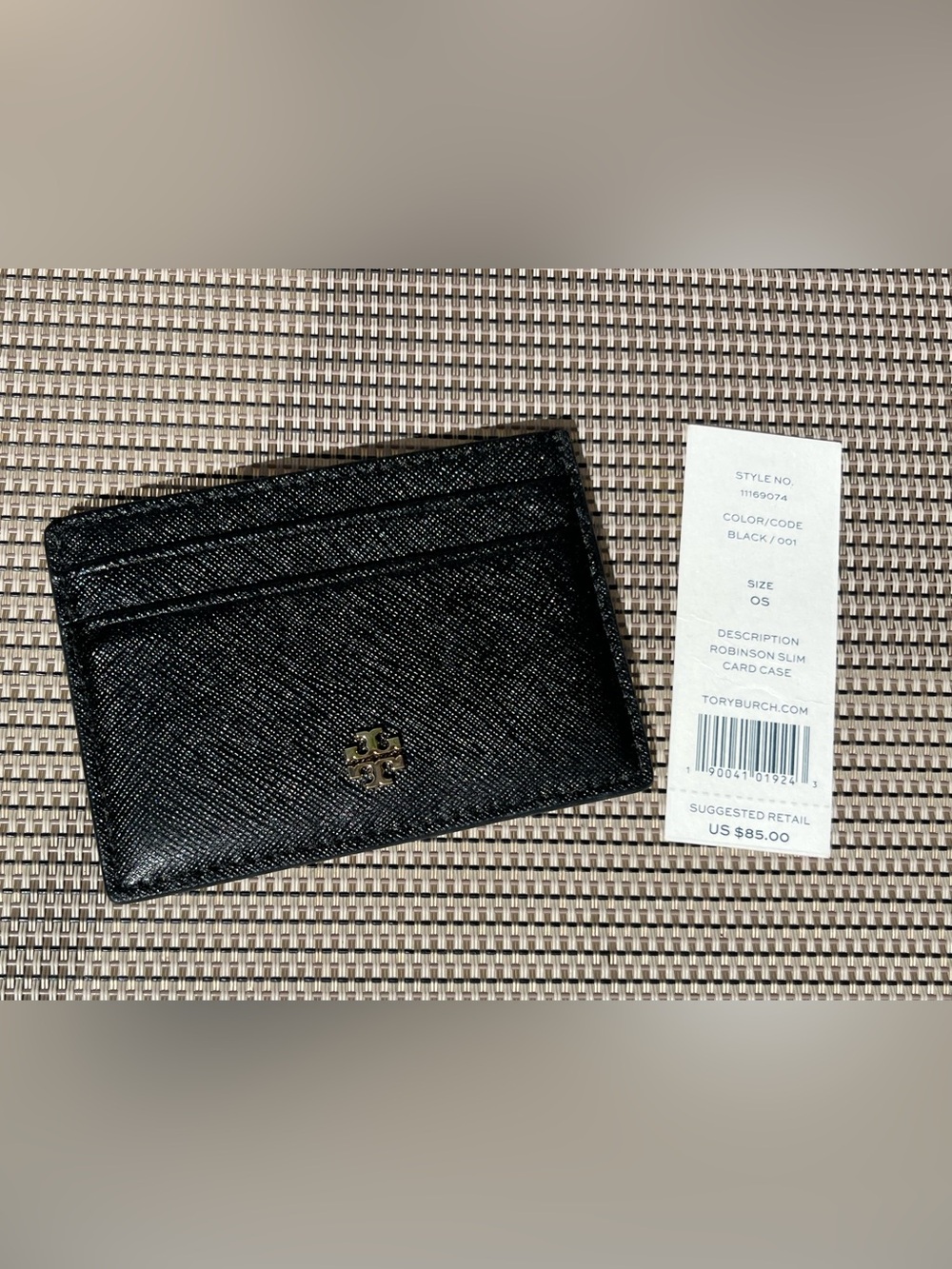 Tory Burch Black Saffiano Leather Robinson Card Holder with Gold Logo NWT